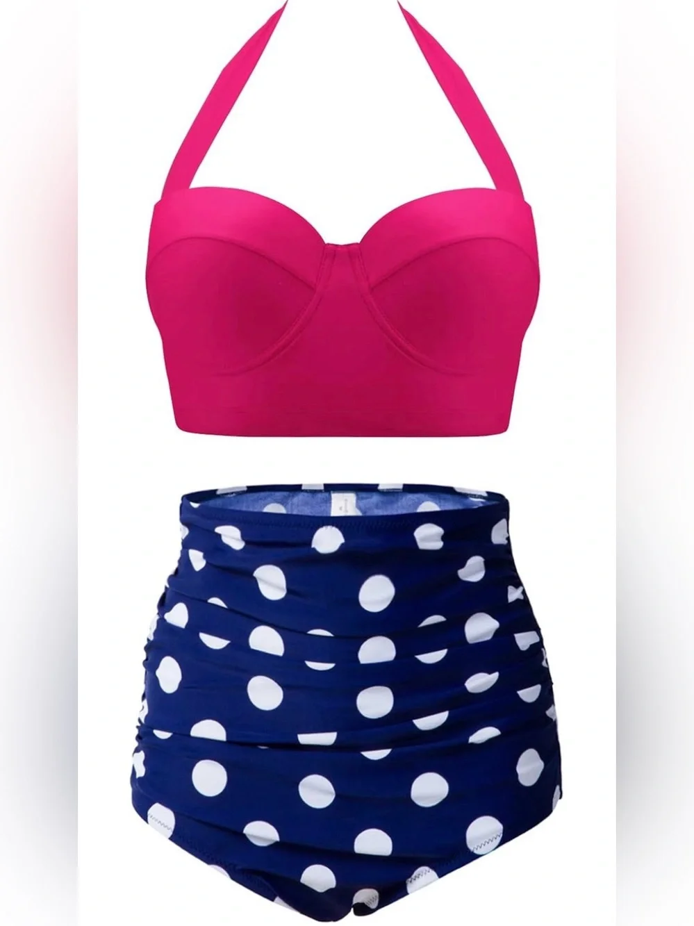 🌞Pink Bandeau Halter Bikini Top with Navy White Polka Dot Skirted Bottom